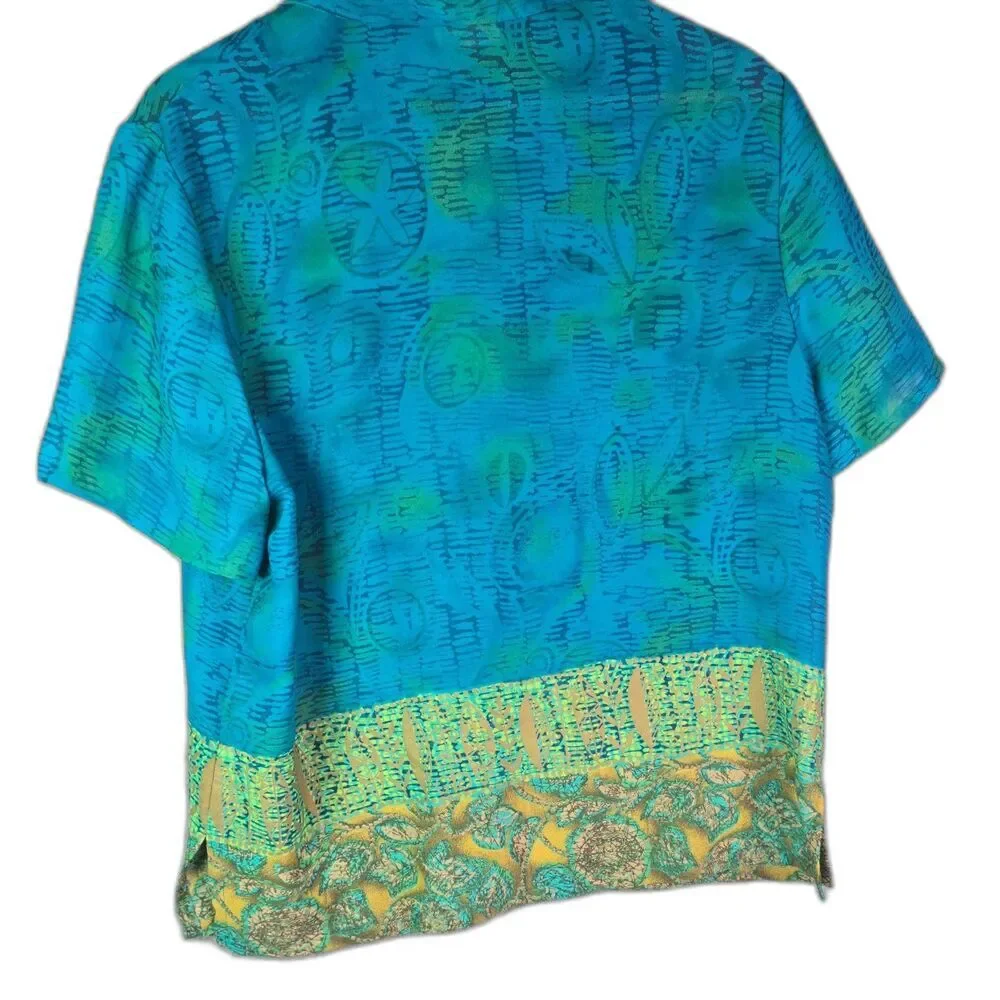 IN Studio Blouse Teal XL Vintage 90s Border Print Boho Side Slits